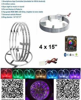 4x RGB LED 15 inch wiel ringen incl bluetooth bediening