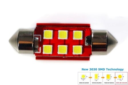 C5W/C10W buislamp 41mm 6x 3030SMD LED Canbus Wit 10V~24V