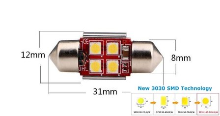 C5W/C10W buislamp 31mm 4x 3030SMD LED Canbus Wit 10V~24V