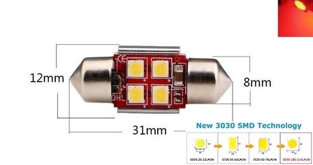 C5W/C10W buislamp 31mm 4x 3030SMD LED Canbus rood 10V~24V