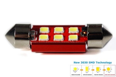 C5W/C10W buislamp 36mm 6x 3030SMD LED Canbus rood 10V~24V. 