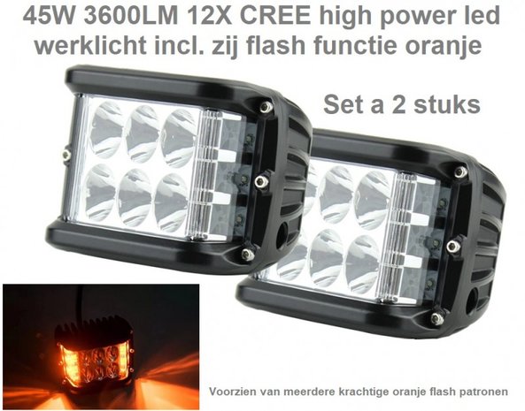 45W 3600LM 12X CREE high power led werklicht incl zij flash functie oranje Per 2st.