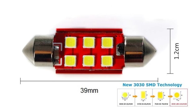 C5W/C10W buislamp 39mm 6x 3030SMD LED Canbus Wit 10V~24V