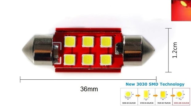 C5W/C10W buislamp 36mm 6x 3030SMD LED Canbus rood 10V~24V. 