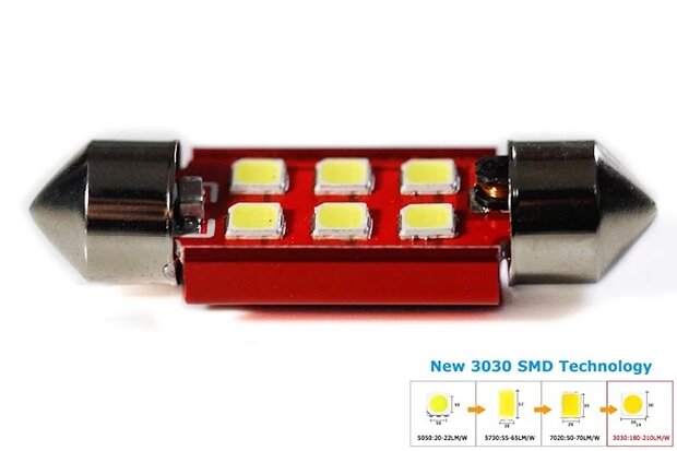 C5W/C10W buislamp 39mm 6x 3030SMD LED Canbus rood 10V~24V
