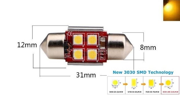 C5W/C10W buislamp 31mm 4x 3030SMD LED Canbus geel 10V~24V