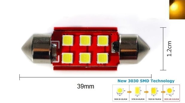 C5W/C10W buislamp 39mm 6x 3030SMD LED Canbus geel 10V~24V
