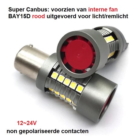 BAY15D P21/5W super Canbus rood 30x3030SMD intern fan