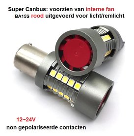 BA15S P21W super Canbus rood 30x3030SMD intern fan
