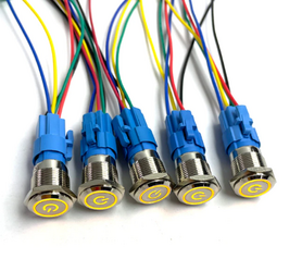 12V LED druk schakelaar 16mm self locking  geel